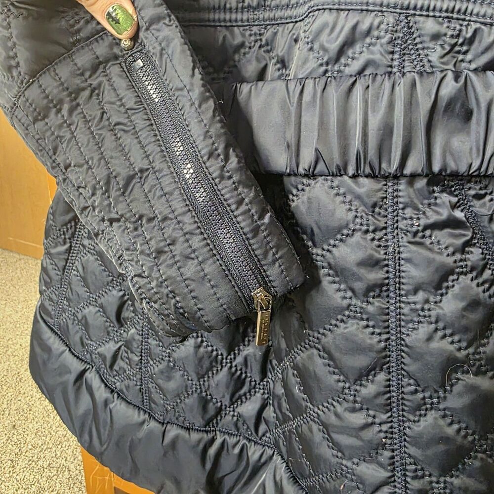 Laundry By Shelli Segal Quilted Jacket Coat Size Medium Navy Belted Hood Zip - Picture 10 of 16
